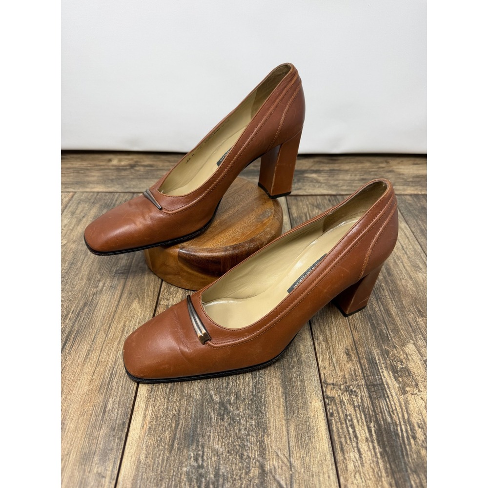 Bally Bellezza Brown Leather Square Toe Block Heel Pumps Vintage Swiss Made 6.5M